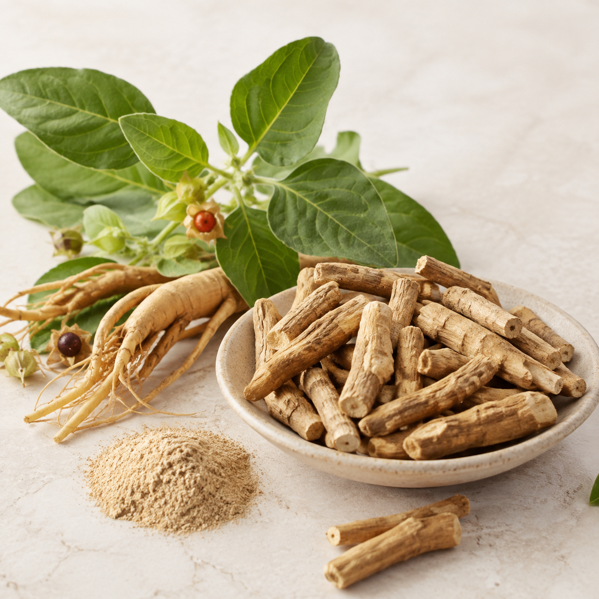 Ashwagandha root, leaves, and powder in clean botanical arrangement