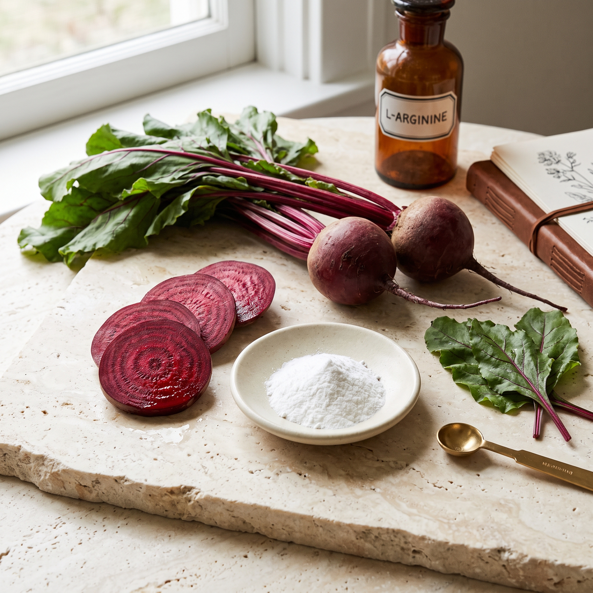 Beet roots, leaves, slices, and L-arginine powder