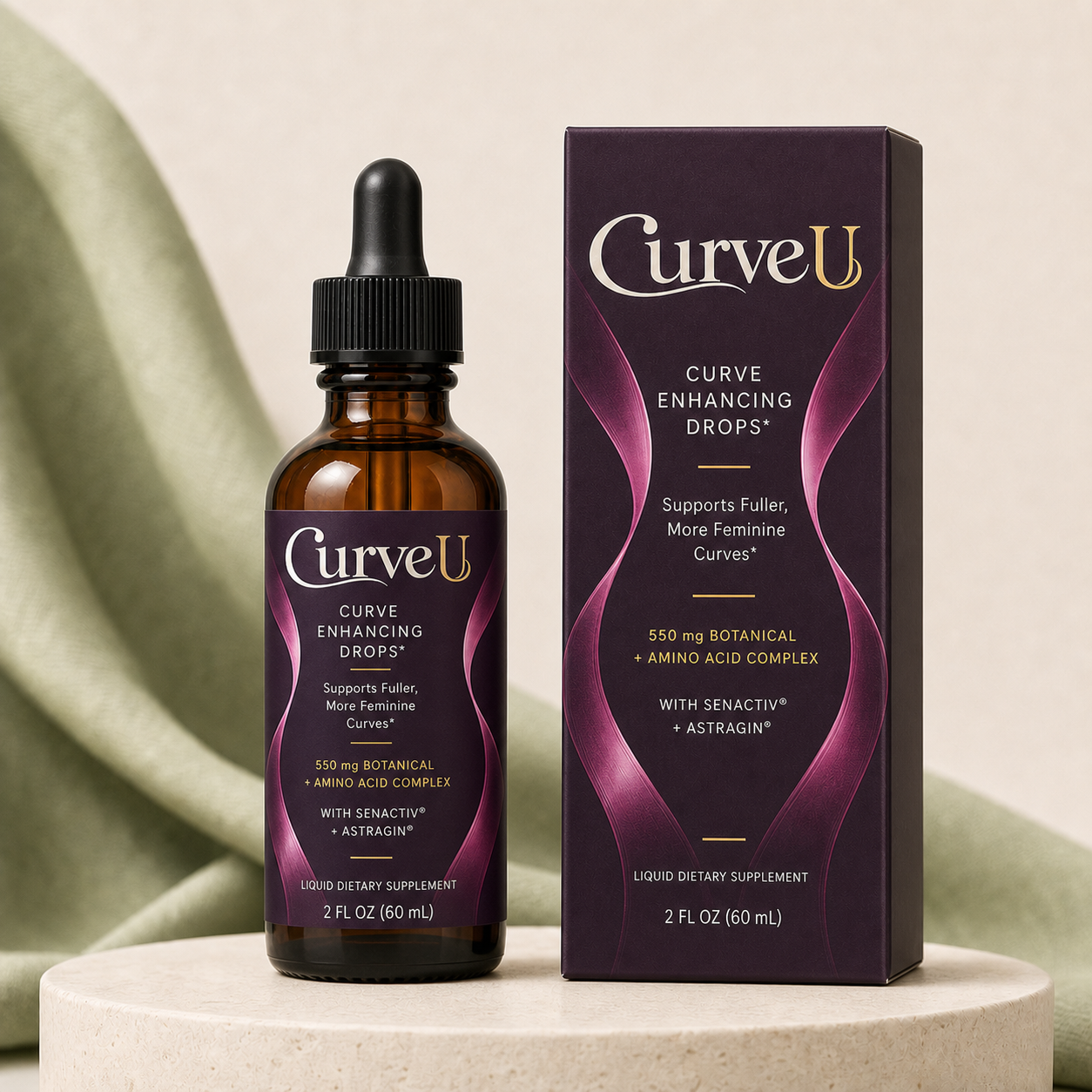 CurveU Curve Enhancing Drops 60 mL bottle and carton