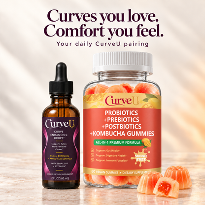 CurveU Probiotic Kombucha Gummies and Curve Enhancing Drops — matching current packaging