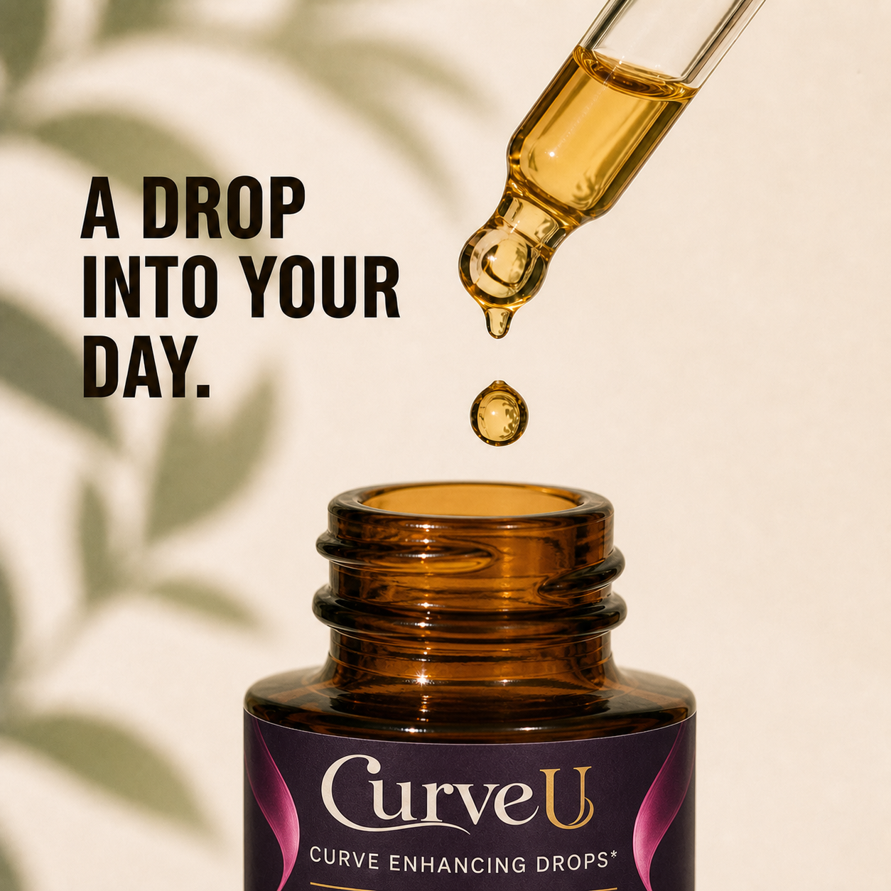 Golden CurveU liquid formula in a glass dropper above the bottle