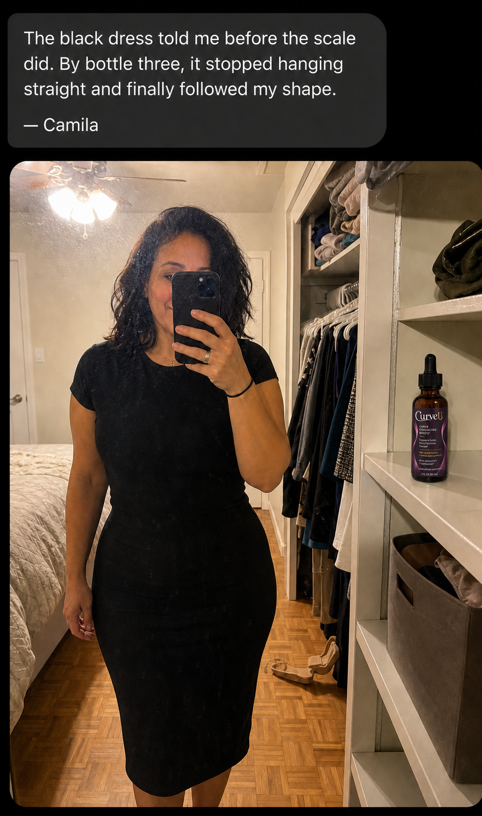 CurveU customer story concept featuring Camila in a closet