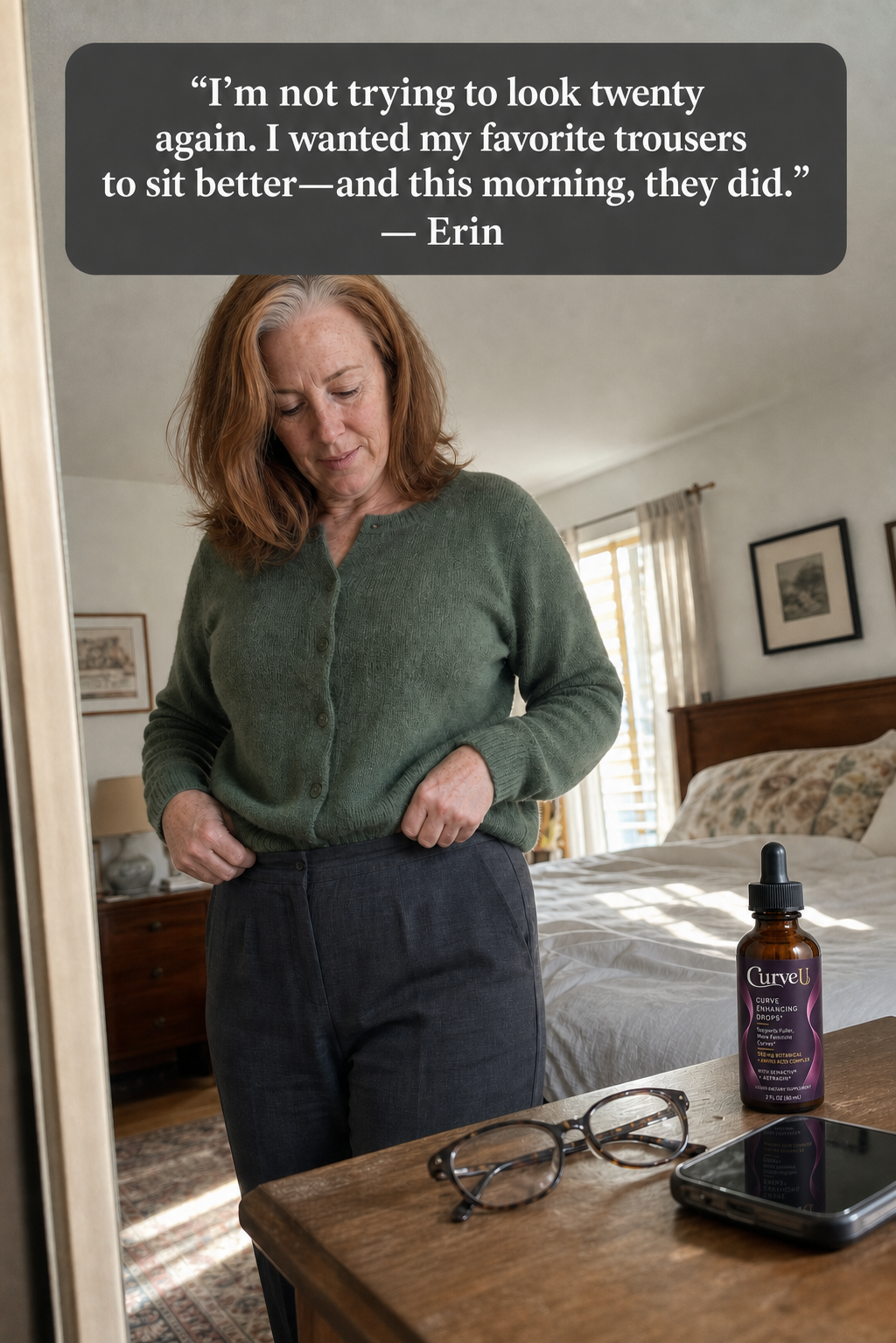 CurveU customer story concept featuring Erin in a bedroom