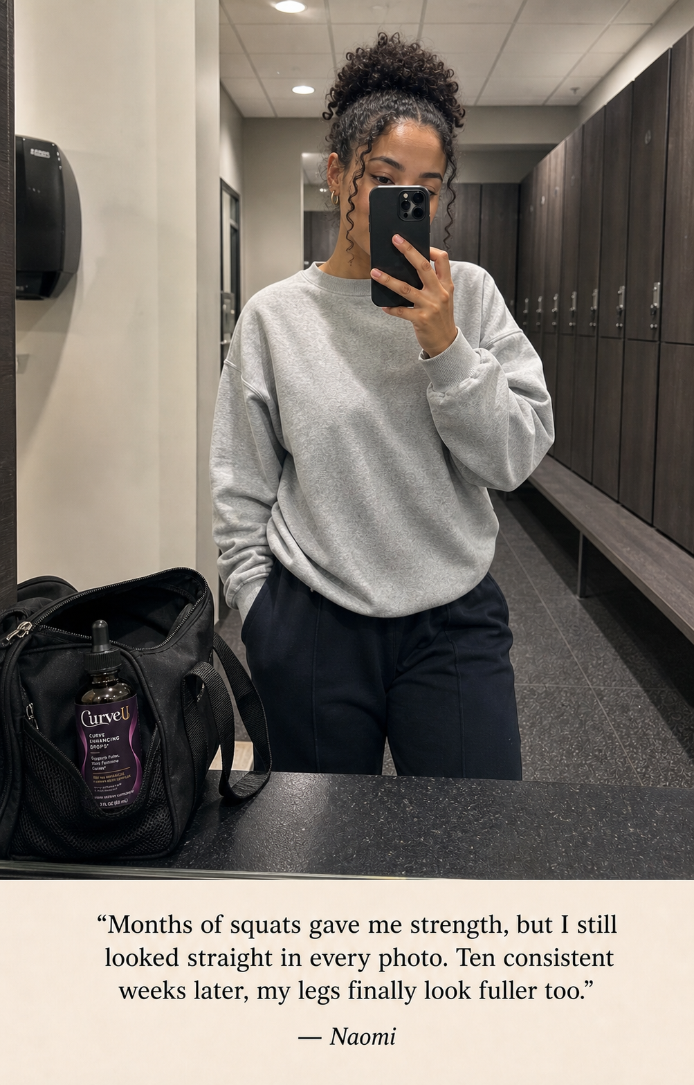 CurveU customer story concept featuring Naomi in a gym locker room