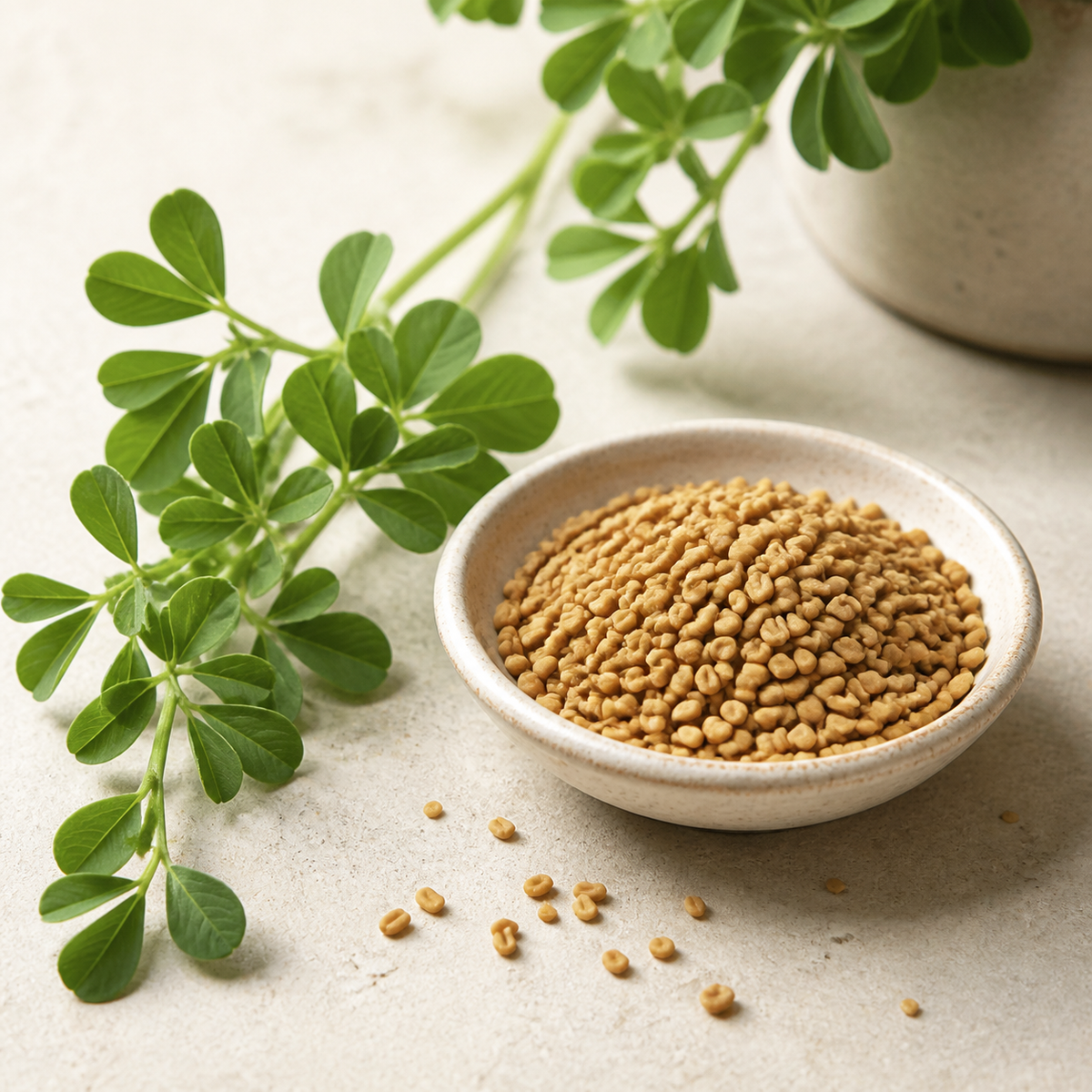 Fenugreek seeds and fresh leaves in clean botanical arrangement