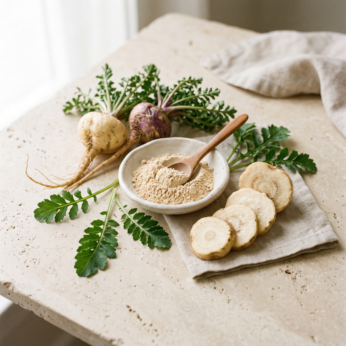 Maca roots, leaves, slices, and powder