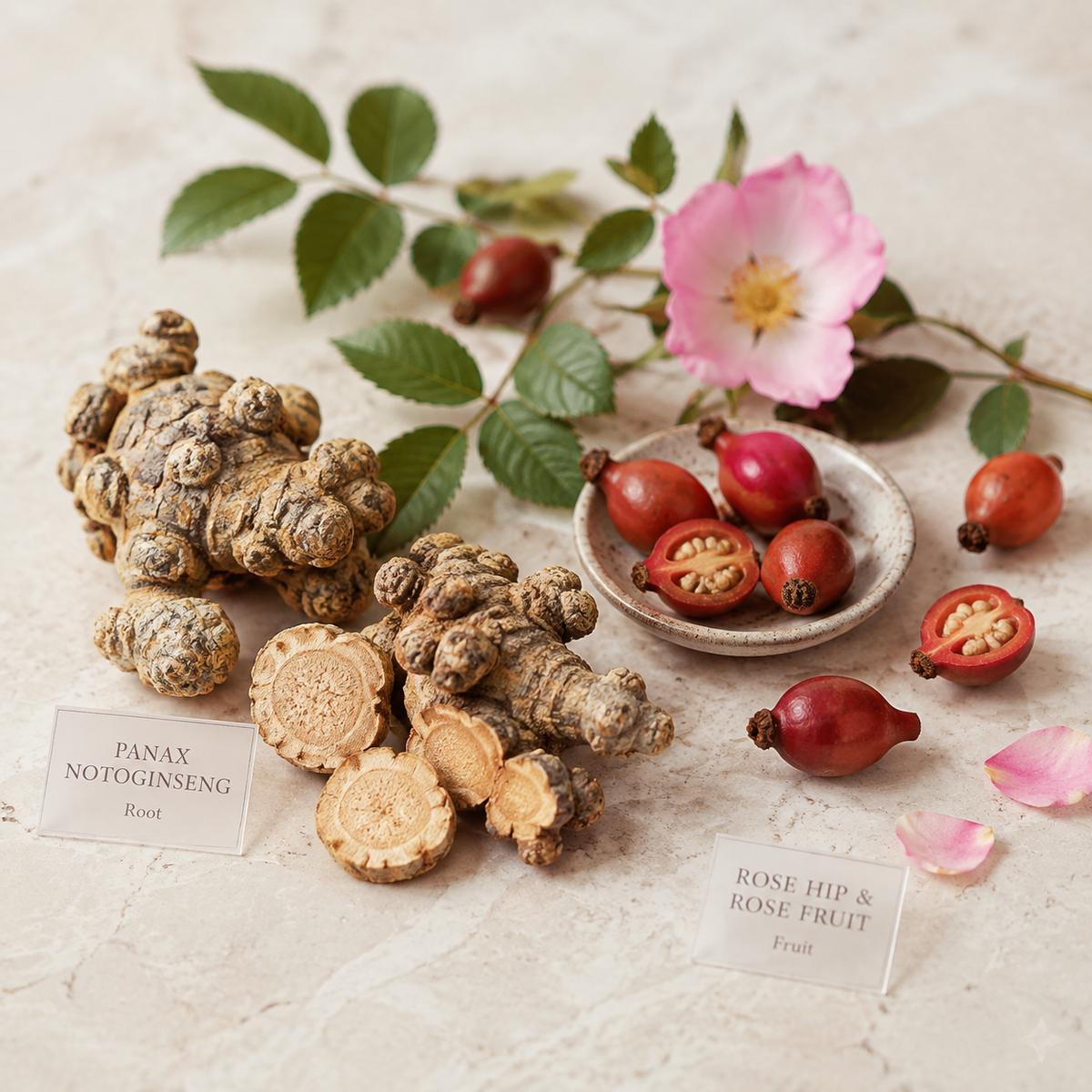 Panax notoginseng and rose fruit botanical sources used in Senactiv